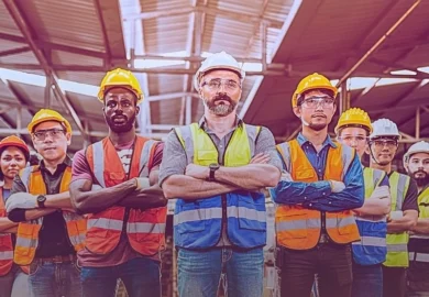 Group of workers standing inside a warehouse. What is workers' compensation.